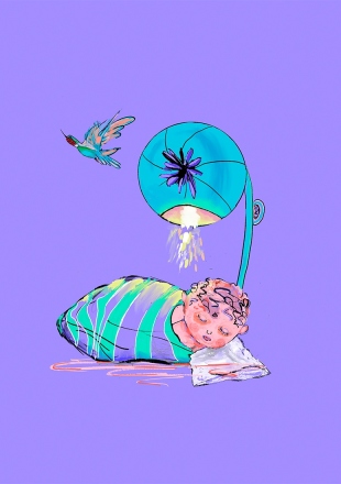 Infant under poppy lamp
