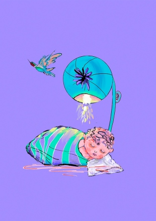 Infant under poppy lamp