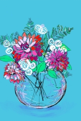 Pink Dahlias with Blue Background