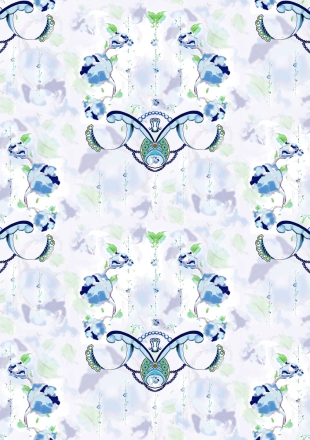 Blue Florals And Ribbon Half Drop Repeat